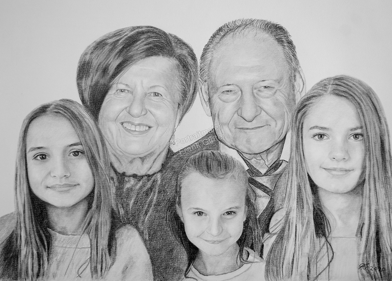 Bleistiftzeichnungen - Familienportraits, Oma und Opa und die Enkel mit Bleistift gezeichnet