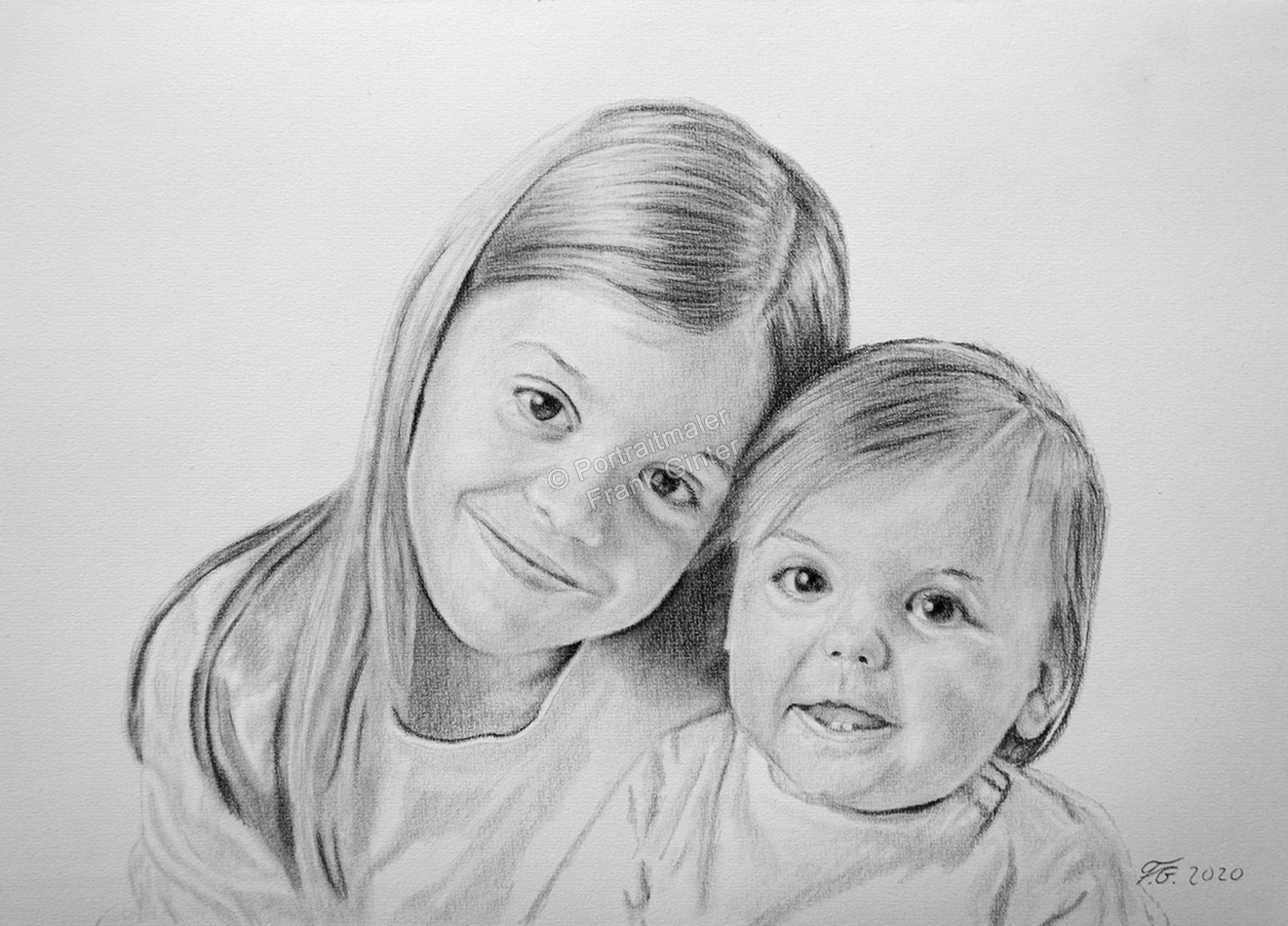 Familienportraits - Kinderportrait, Bruder und Schwester als Bleistiftzeichnung