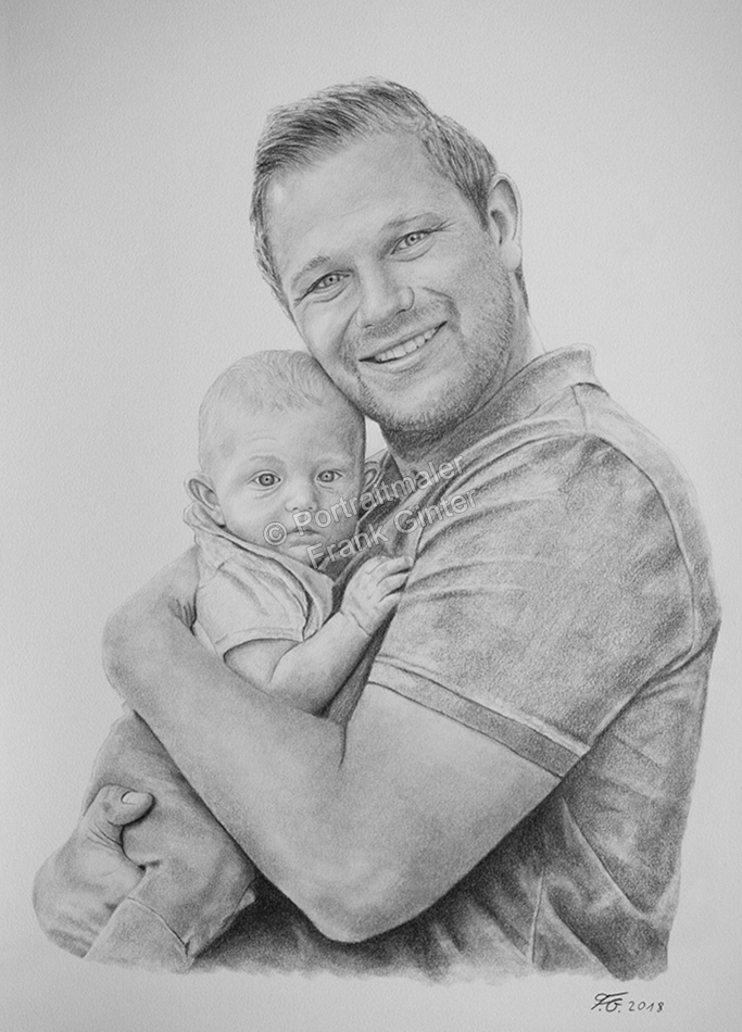 Bleistiftzeichnungen, gezeichnetes Babyportrait im Arm des Vaters