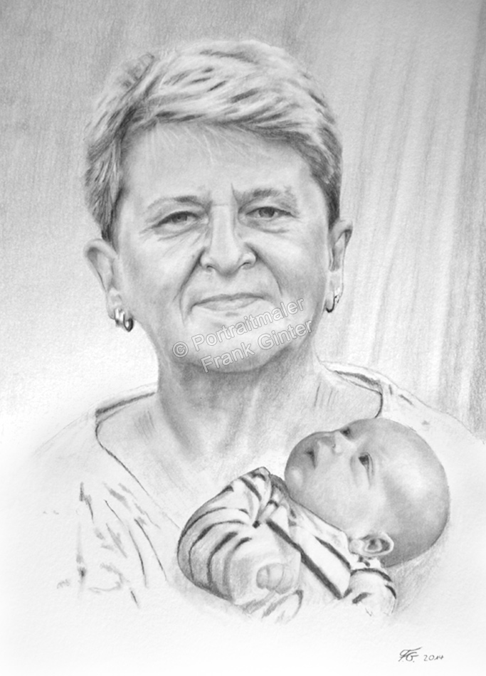 Bleistiftzeichnungen-Portraitzeichnung-Oma-Baby