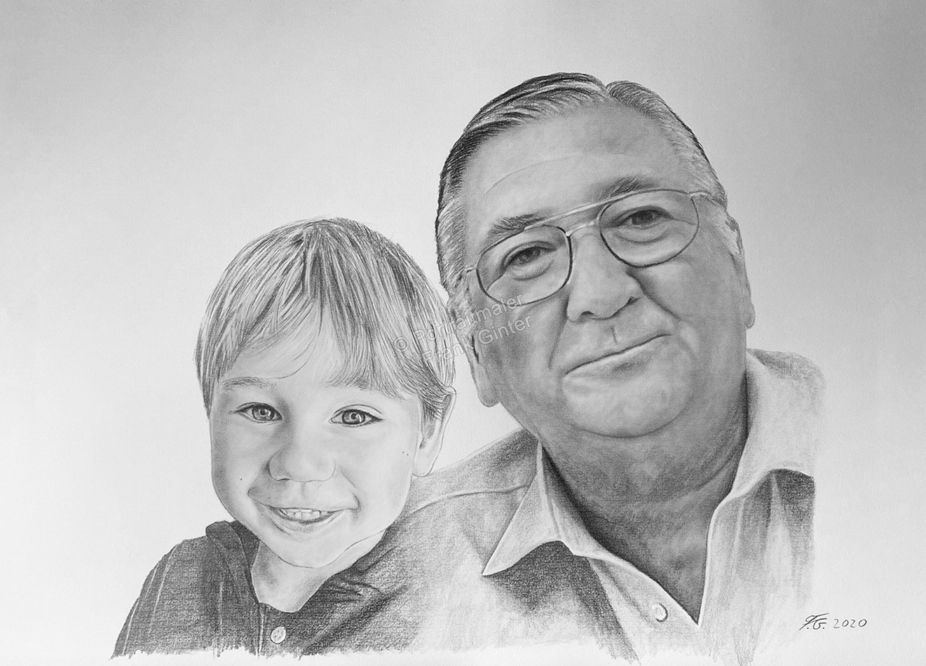 Bleistiftzeichnungen Portrait Opa Enkelkind, Familienportrait