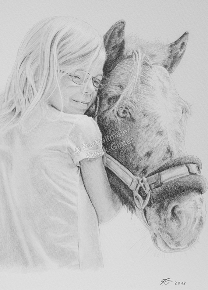 Bleistiftzeichnungen-Portraitzeichnung-Pferd-Kind-Maedchen