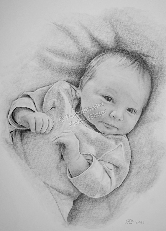 Kohle-Bleistiftzeichnung, Babyzeichnung - Babyportrait