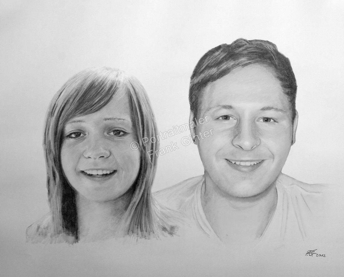 Familienportraits - Bruder und Schwester als Bleistiftzeichnung
