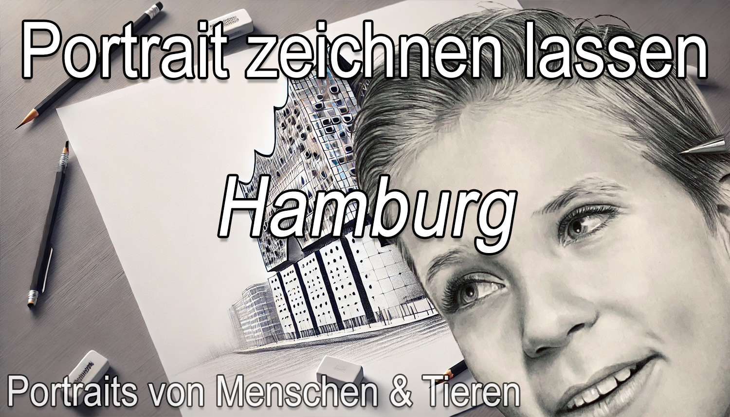Headerbild für handgezeichnetes Portrait vom Foto in Hamburg – Zeichenstil mit Bleistift und Künstlerzubehör